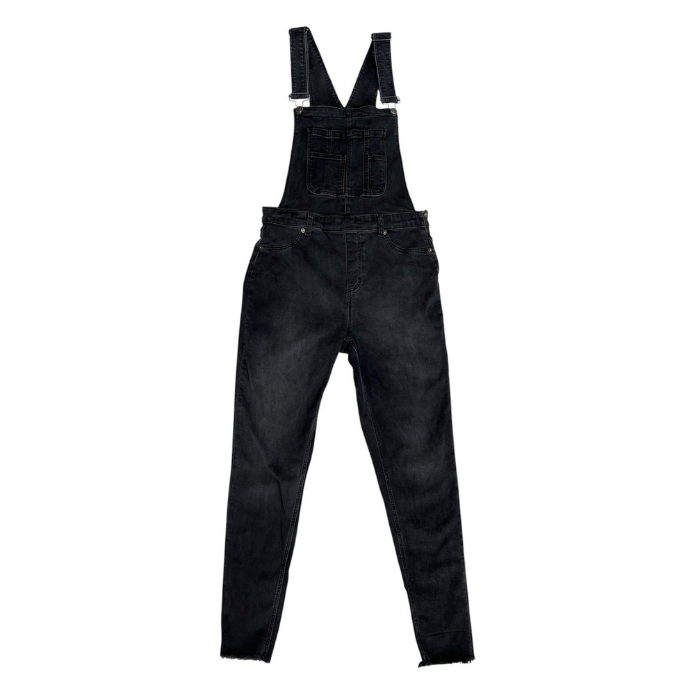 Free People Womens Size 31 Washed Black Stretch Denim Skinny Overalls Raw Hem